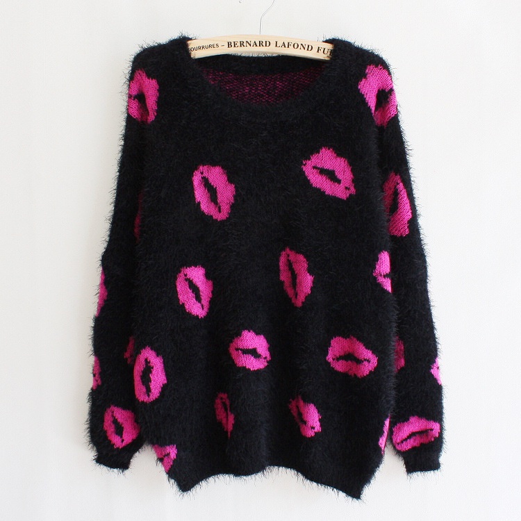 Lips Print Knitted Pullover Sweet Casual Sweater