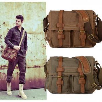 Men Leather Canvas Messenger Shoulder Bags Vintage Army Style on Luulla