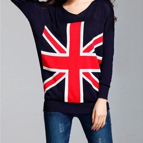 Long Sleeve Women Knitted Cardigan Uk Flag Pattern Sweater Casual V ...