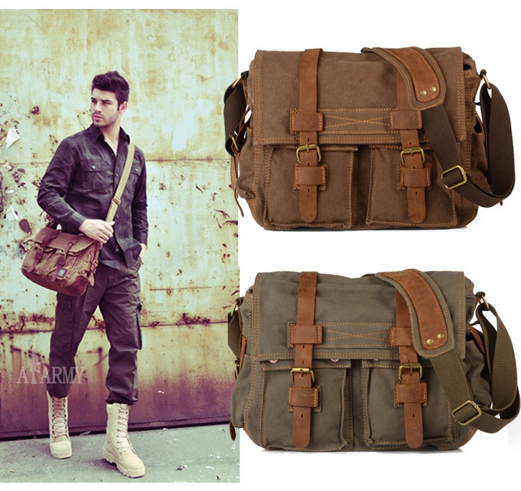 Men Leather Canvas Messenger Shoulder Bags Vintage Army Style on Luulla