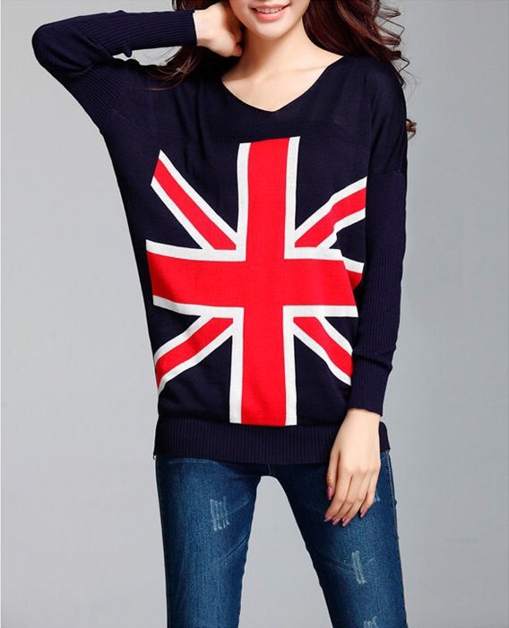 Long Sleeve Women Knitted Cardigan Uk Flag Pattern Sweater Casual V ...